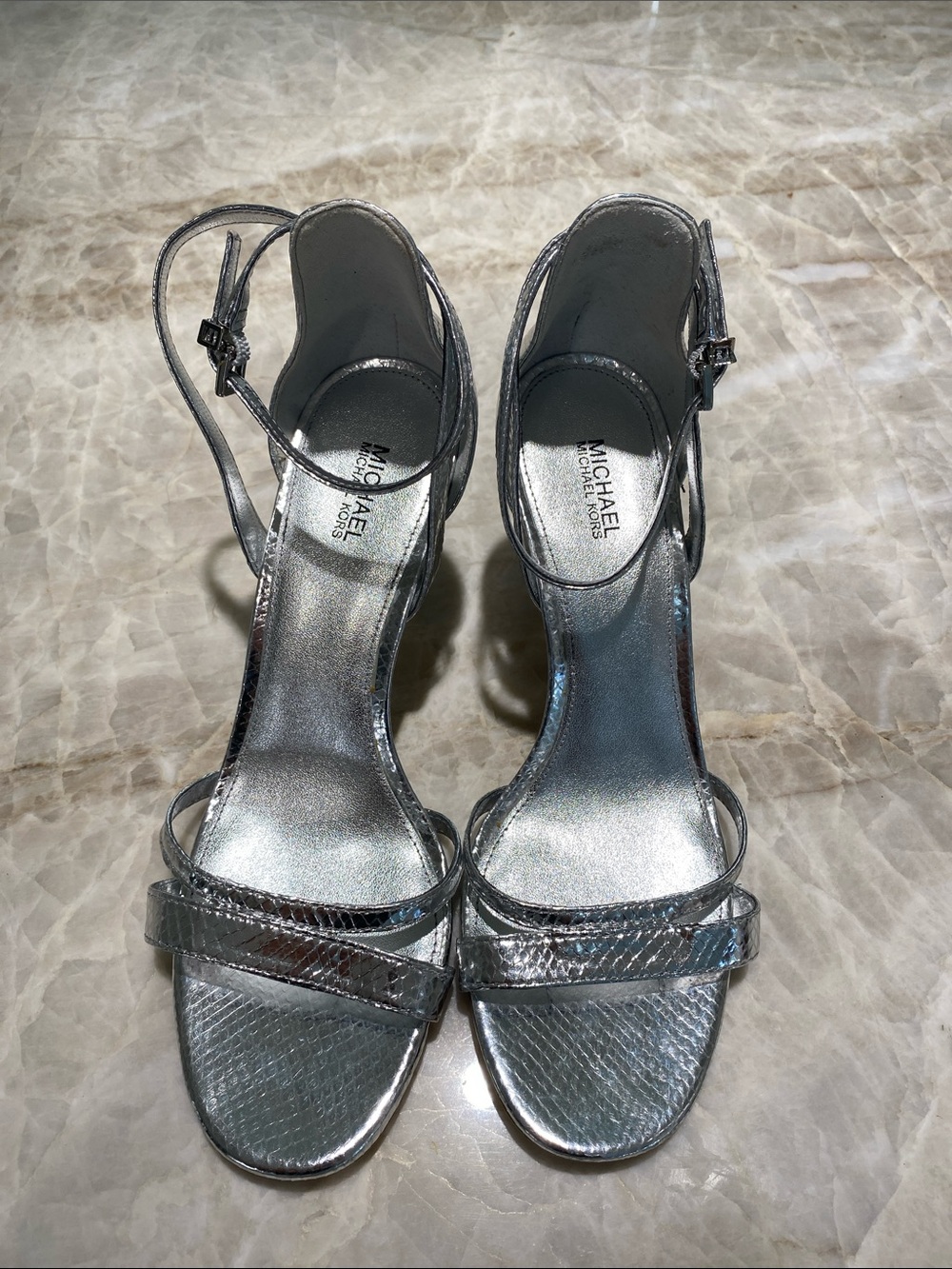 MICHAEL Michael Kors Kimberly Metallic Silver Ankle-Strap Heels